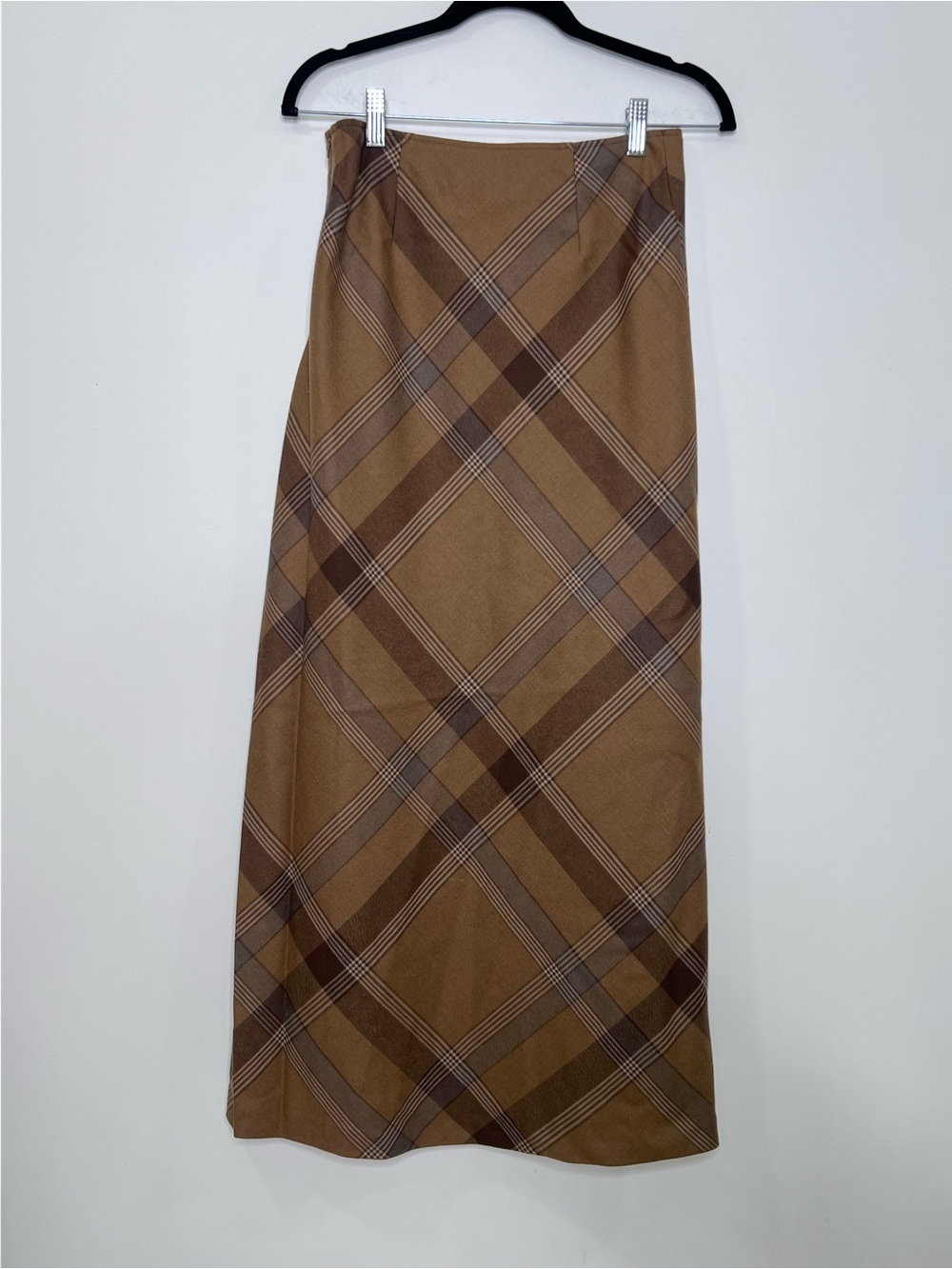 Ralph Lauren 100% Wool Plaid Midi Skirt Brown Tan Bias Cut Heritage Size 0